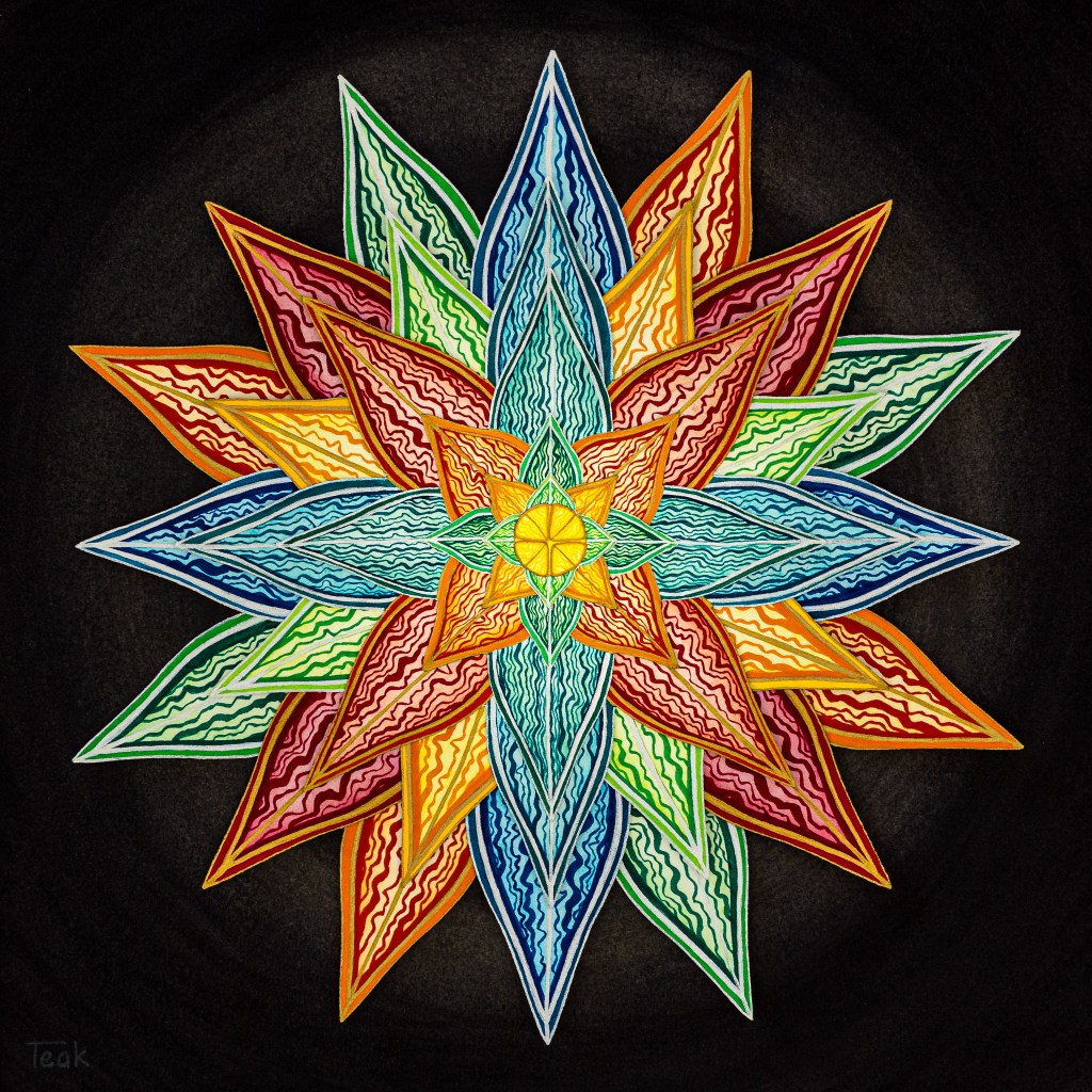 Abstract geometric agave artwork with layered rainbow-colored leaves, inspired by desert landscape and resilience.